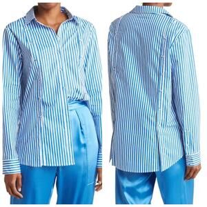 Nicholas Teagan Blue White Striped Button Panel Button-Up Casual Shirt Top 2
